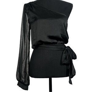Blue Blush Black One Shoulder Tie Waist Blouse Small